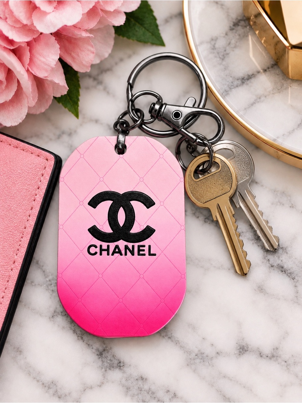 Handcrafted Pink Ombre Quilted Design Keychain Bag Charm Black Hardware - Picture 2 of 3